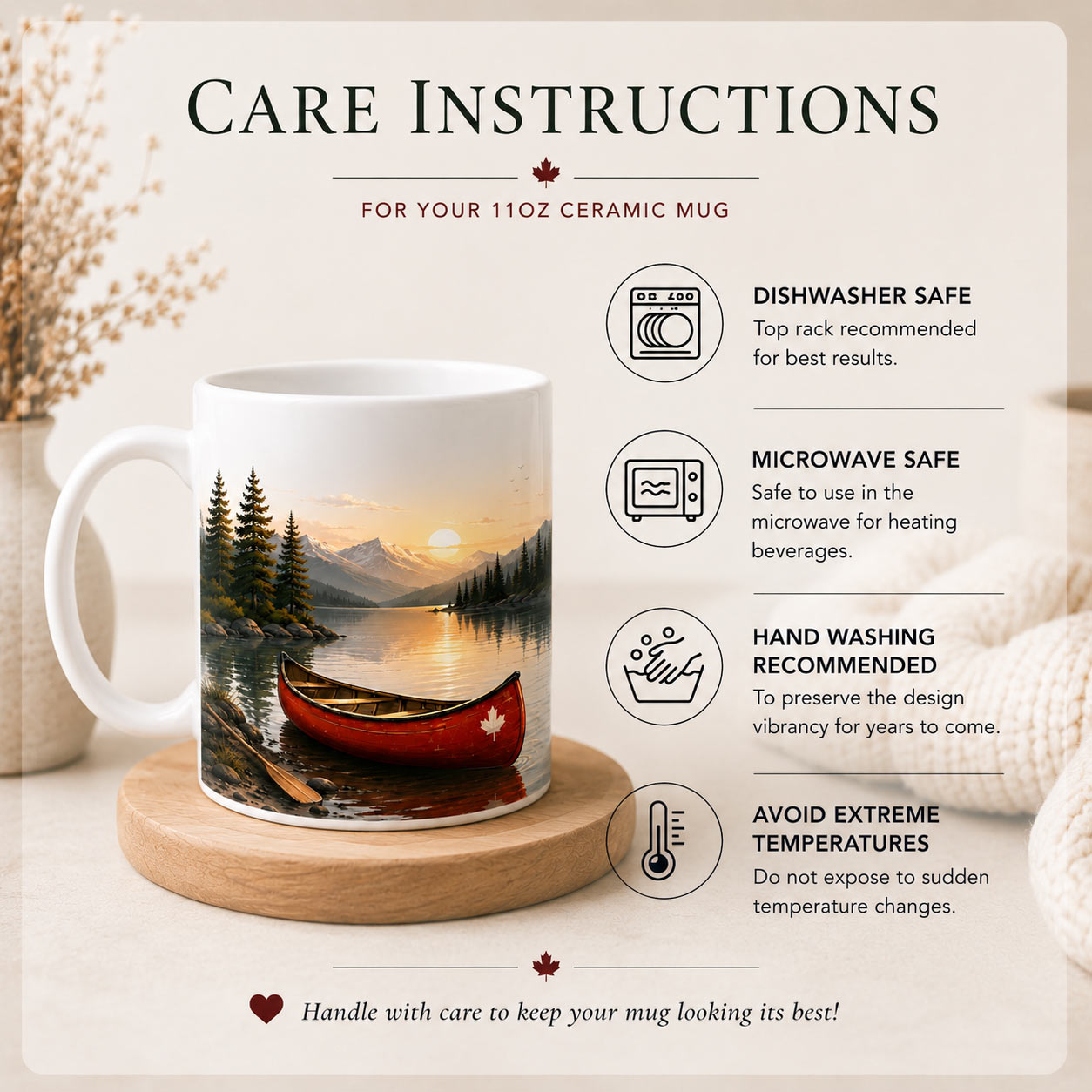 Canoe Life Mug — 11oz Wilderness Lake Ceramic Mug - care instructions - PrintMyVibe Toronto