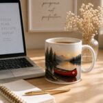 Canoe Life Mug — 11oz Wilderness Lake Ceramic Mug - on a desk - PrintMyVibe Toronto