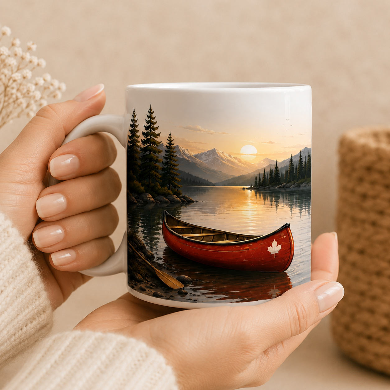 Canoe Life Mug — 11oz Wilderness Lake Ceramic Mug - held in hand - PrintMyVibe Toronto