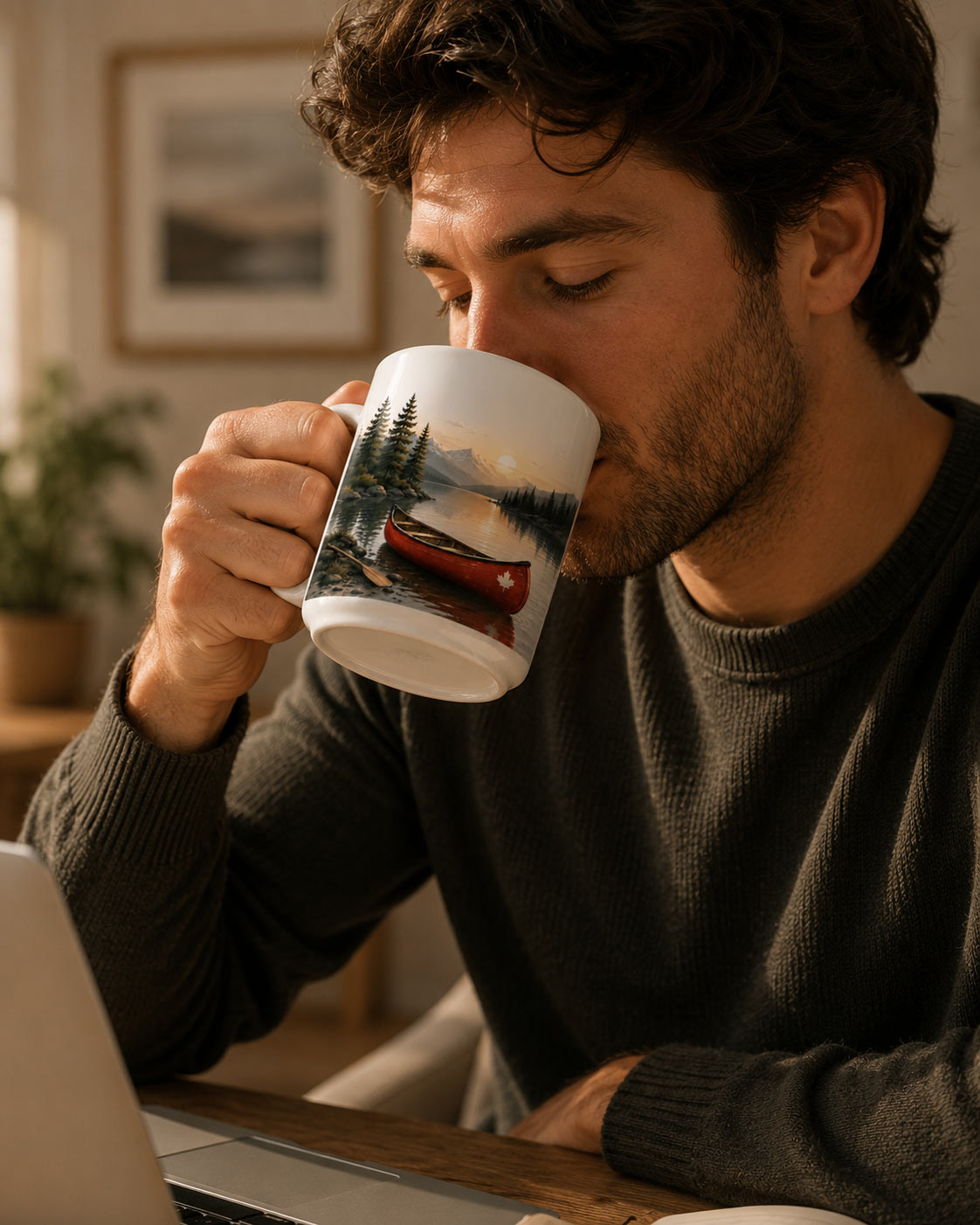 Canoe Life Mug — 11oz Wilderness Lake Ceramic Mug - being used - PrintMyVibe Toronto