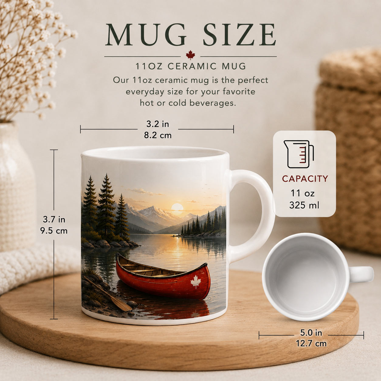 Canoe Life Mug — 11oz Wilderness Lake Ceramic Mug - size guide - PrintMyVibe Toronto