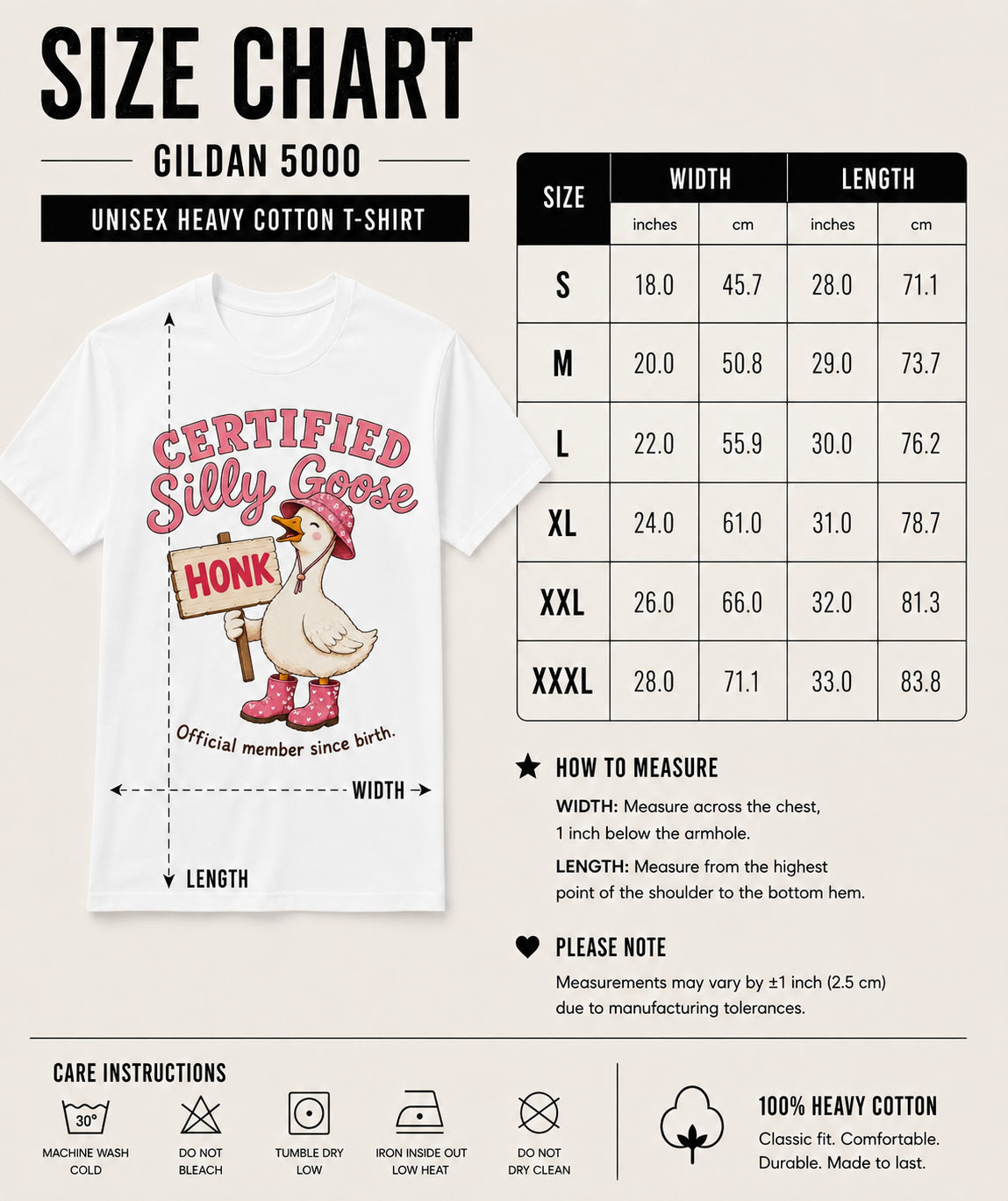 Certified Silly Goose unisex tee size chart - Gildan 5000 sizes S to 3XL