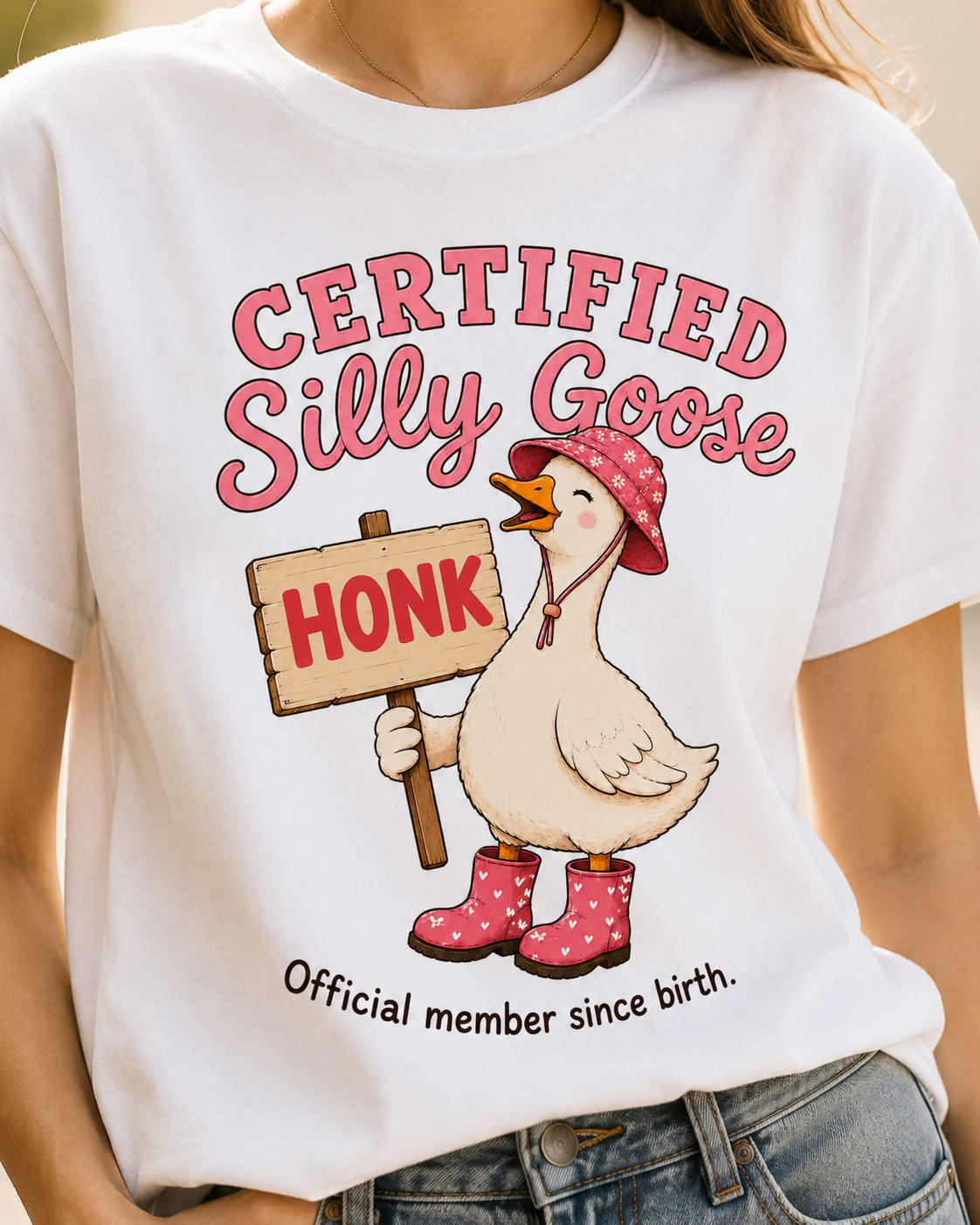 Certified Silly Goose white tee with HONK goose design on model - funny tee Toronto