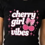 Cherry Girl Vibes black fitted top with bow and cherries - pressed in Toronto