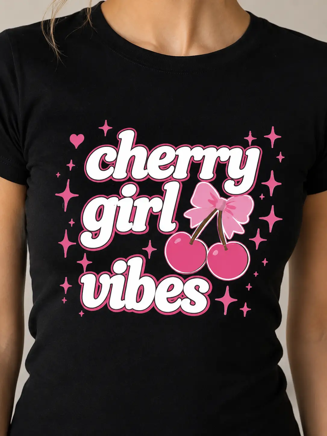 Cherry Girl Vibes black fitted top with bow and cherries - pressed in Toronto