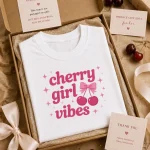 Cherry Girl Vibes top styled as a gift - coquette cherry tee gift idea Toronto