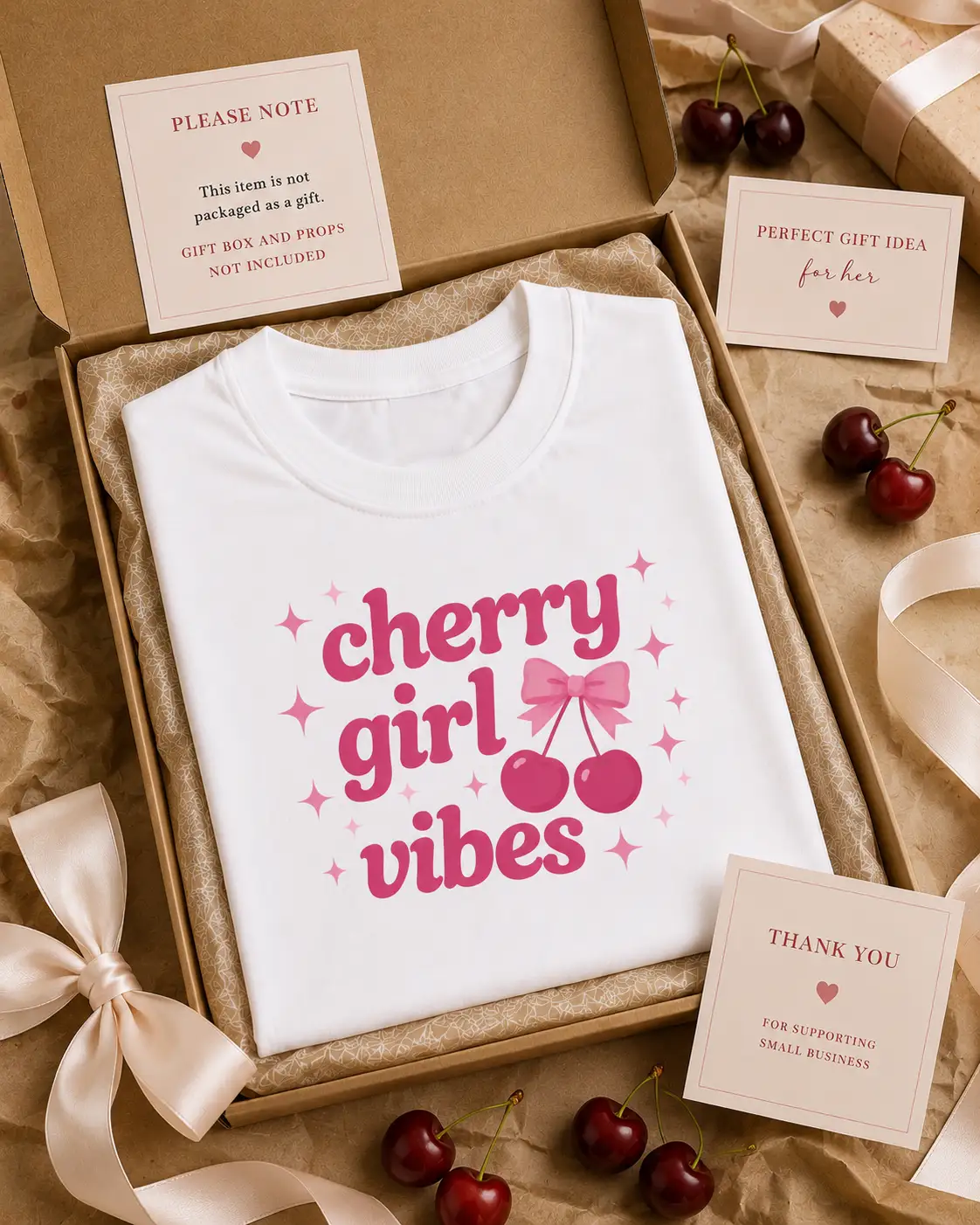 Cherry Girl Vibes top styled as a gift - coquette cherry tee gift idea Toronto