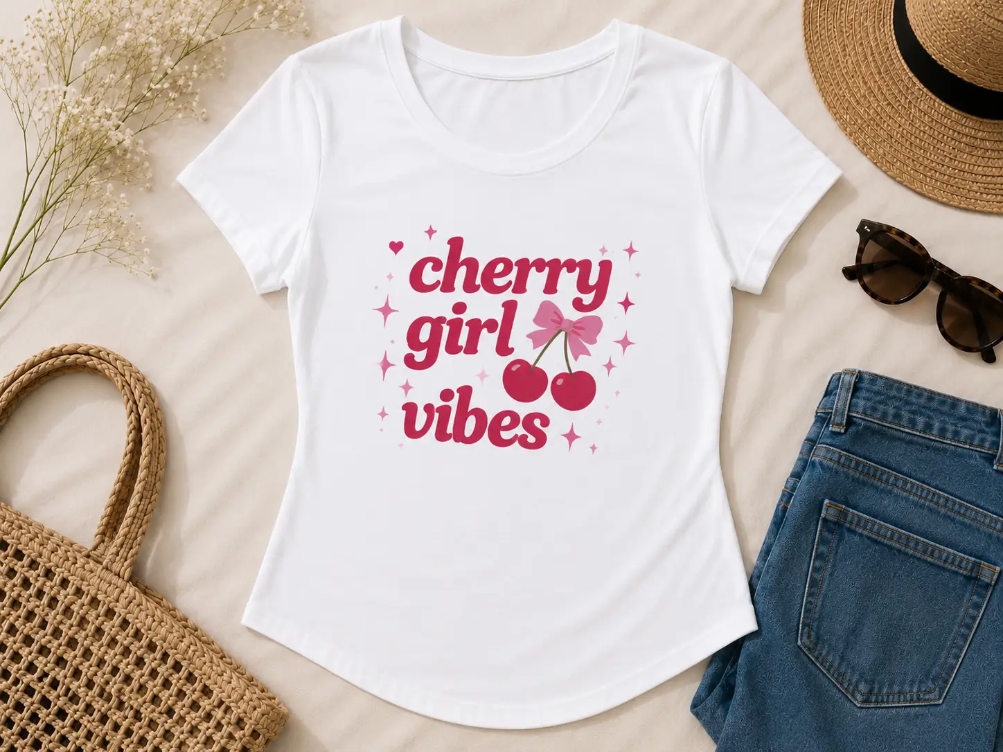White Cherry Girl Vibes fitted tee flat lay - soft girl aesthetic top by PrintMyVibe