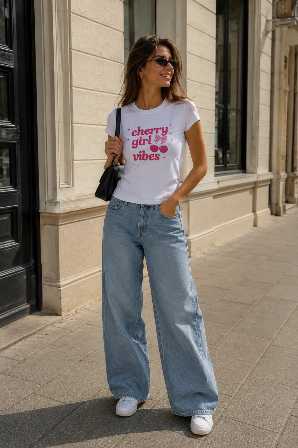 Cherry Girl Vibes white top street style - fitted cherry tee custom printed Toronto