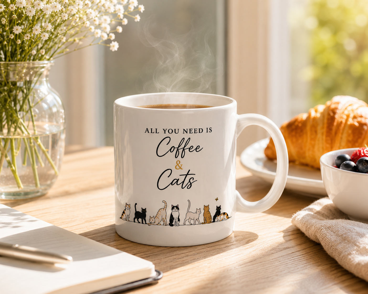 coffee-and-cats-mug-breakfast Coffee & Cats Mug — 11oz Cat Lover Ceramic Mug - product photo - PrintMyVibe Toronto