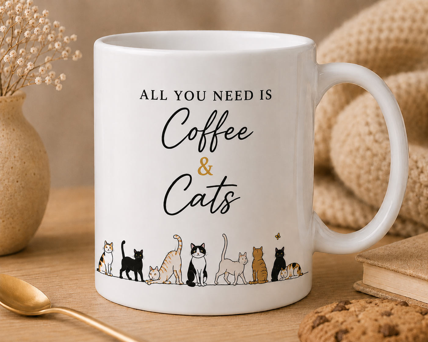 coffee-and-cats-mug-cozy Coffee & Cats Mug — 11oz Cat Lover Ceramic Mug - product photo - PrintMyVibe Toronto