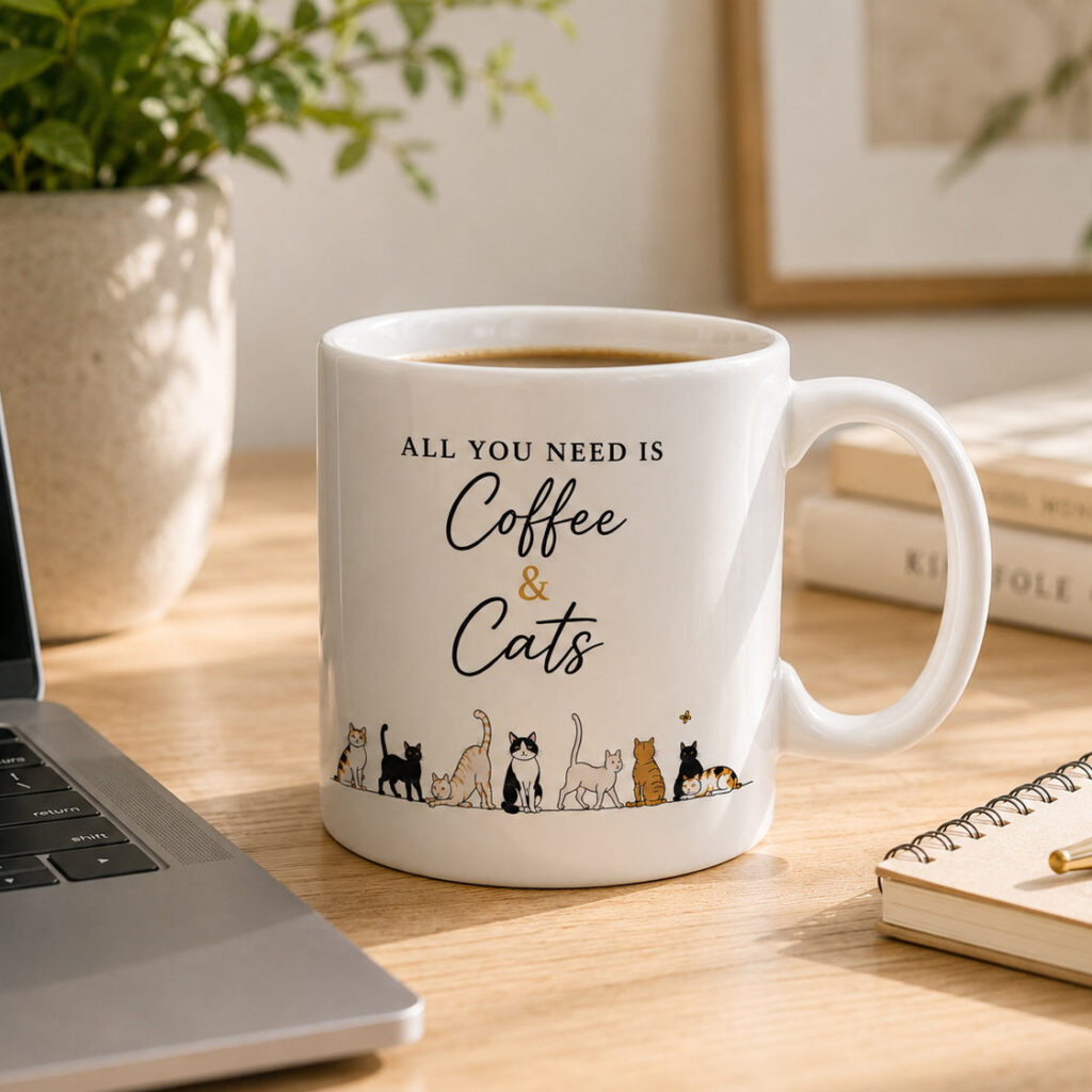 Coffee & Cats Mug — 11oz Cat Lover Ceramic Mug - on a desk - PrintMyVibe Toronto
