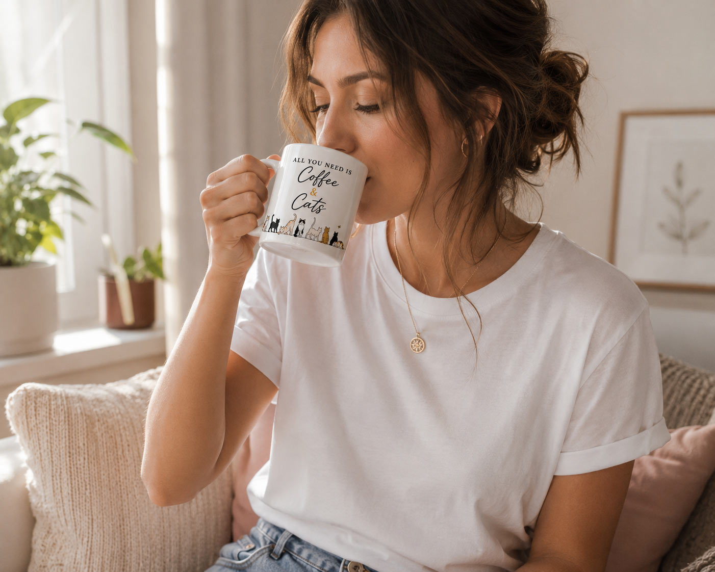coffee-and-cats-mug-model-drinking-02 Coffee & Cats Mug — 11oz Cat Lover Ceramic Mug - being used - PrintMyVibe Toronto