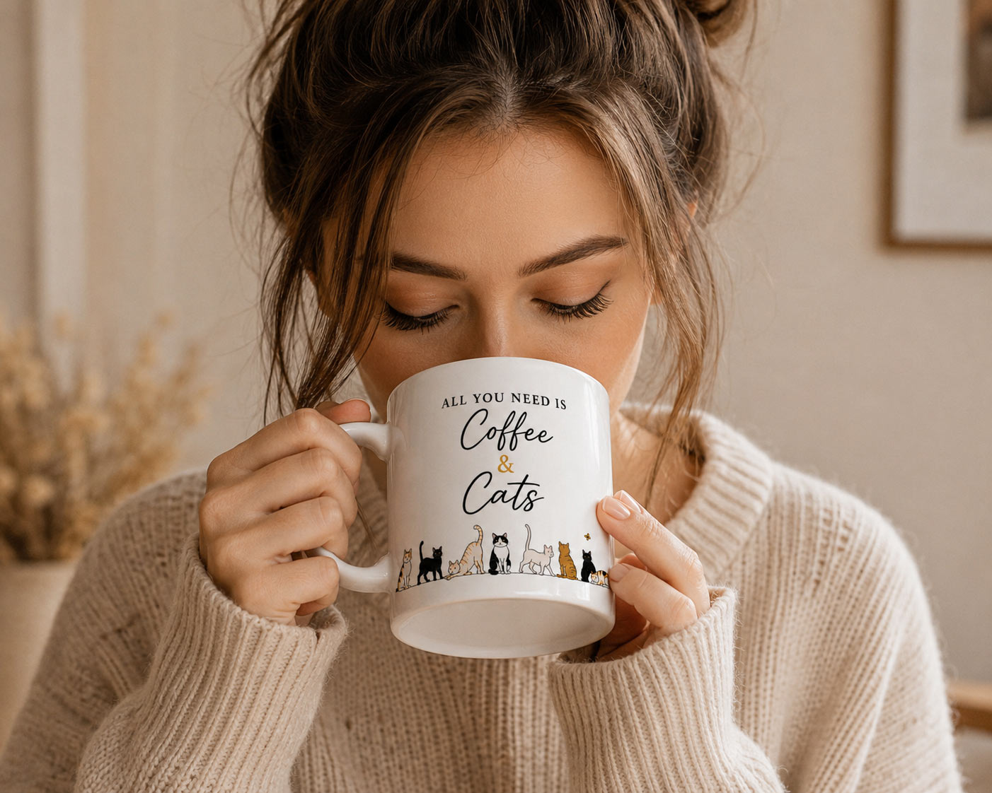 coffee-and-cats-mug-model-drinking Coffee & Cats Mug — 11oz Cat Lover Ceramic Mug - being used - PrintMyVibe Toronto