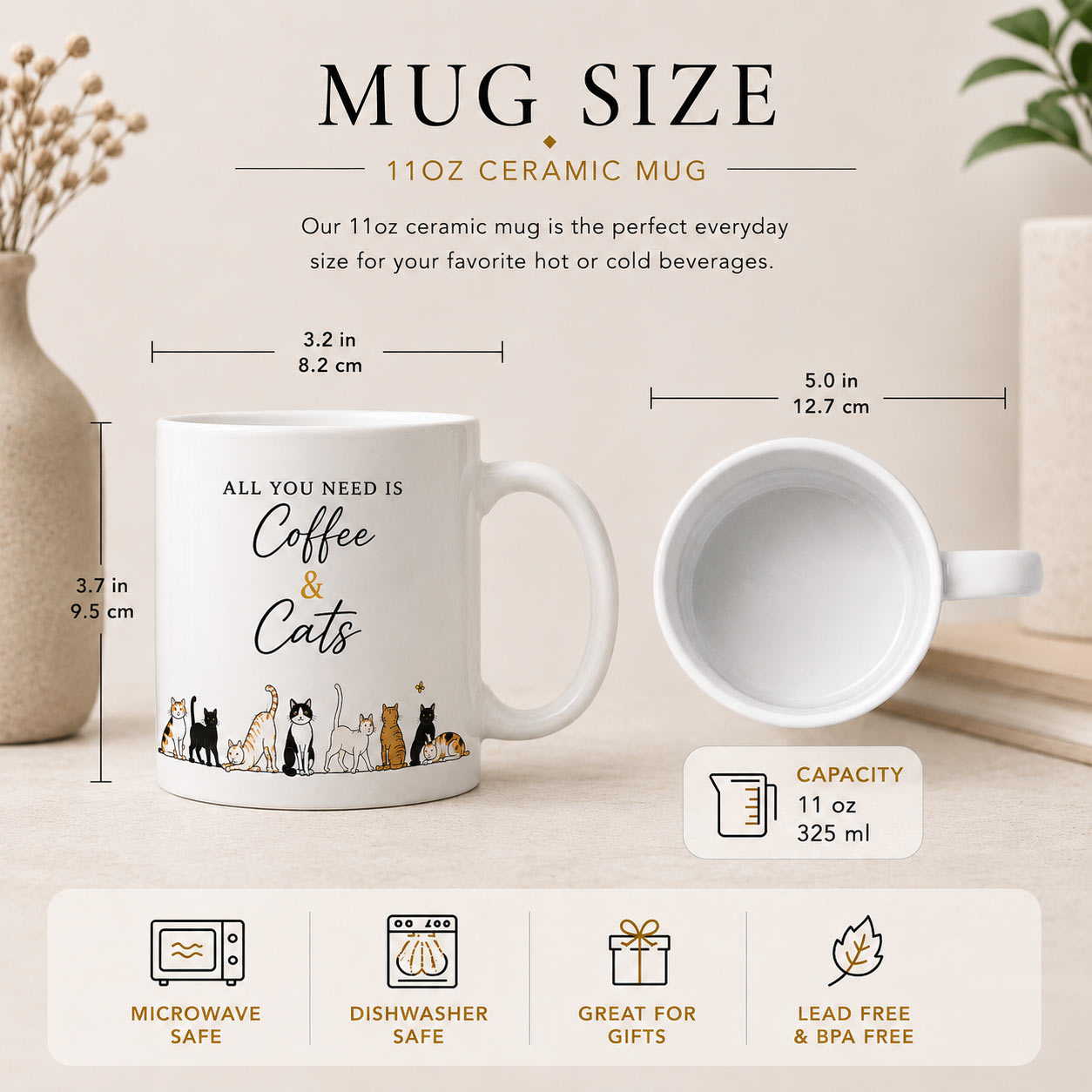 coffee-and-cats-mug-size-guide Coffee & Cats Mug — 11oz Cat Lover Ceramic Mug - size guide - PrintMyVibe Toronto