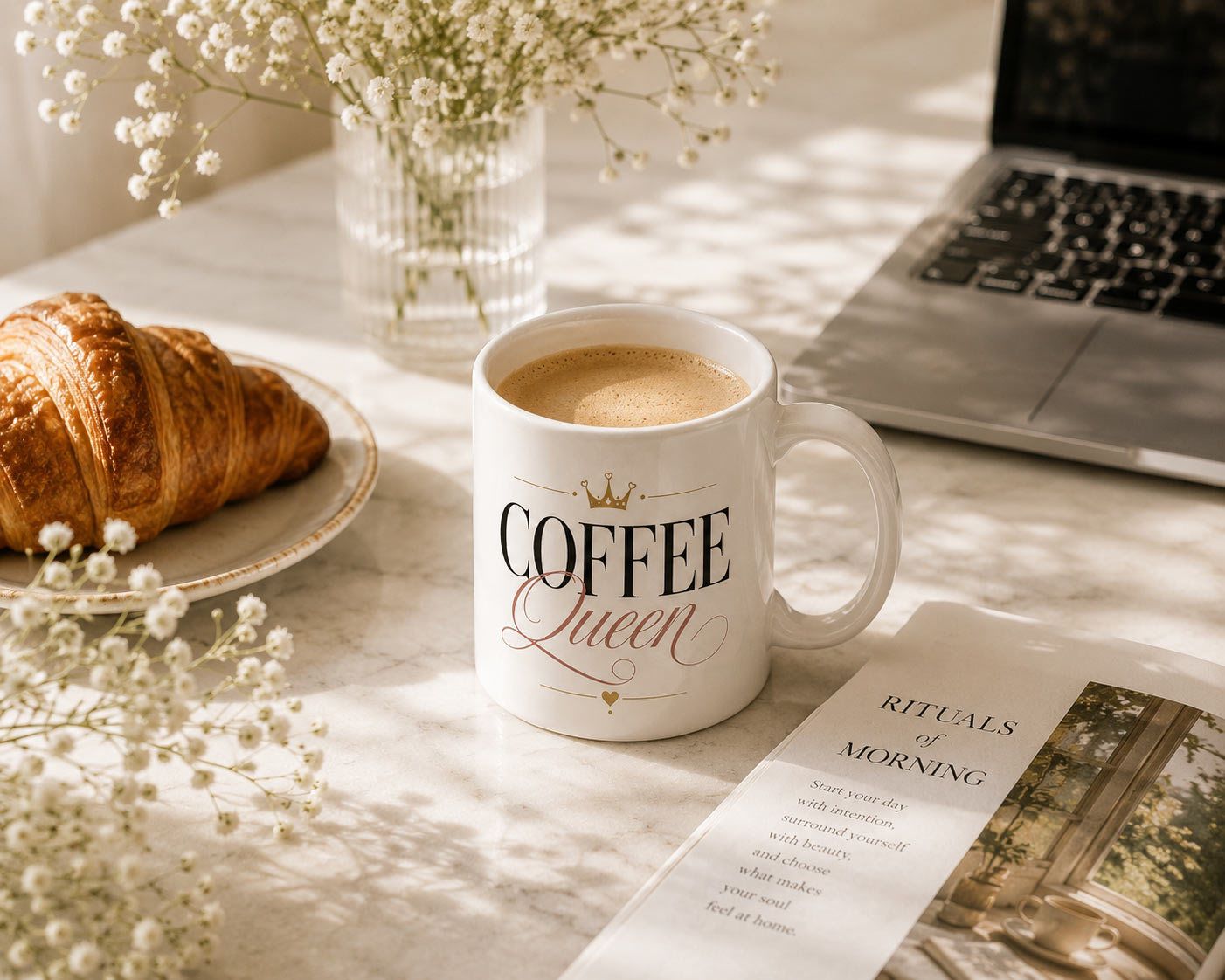 coffee-queen-mug-cozy-breakfast Coffee Queen Mug — 11oz Ceramic Mug with Crown - product photo - PrintMyVibe Toronto
