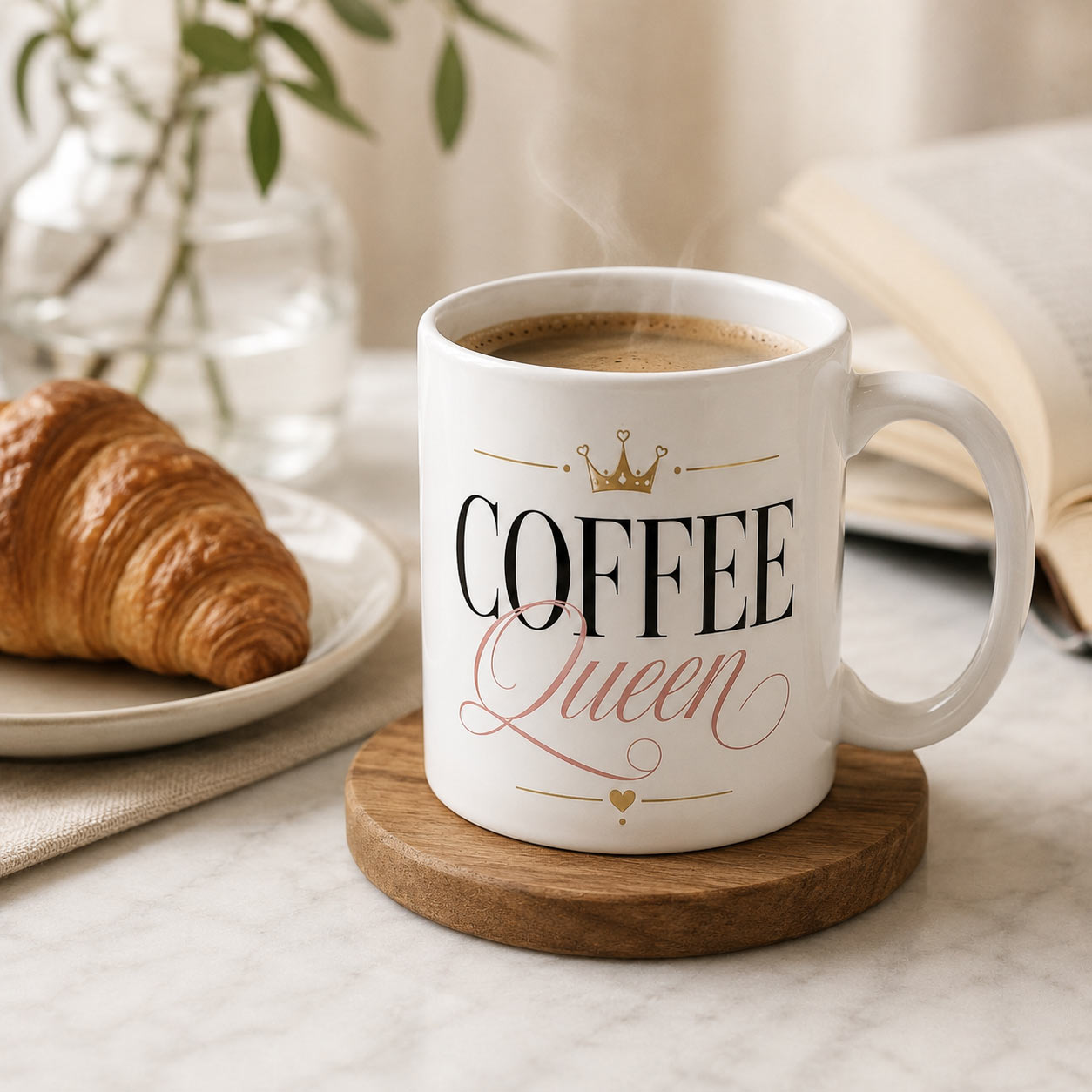 coffee-queen-mug-croissant Coffee Queen Mug — 11oz Ceramic Mug with Crown - product photo - PrintMyVibe Toronto