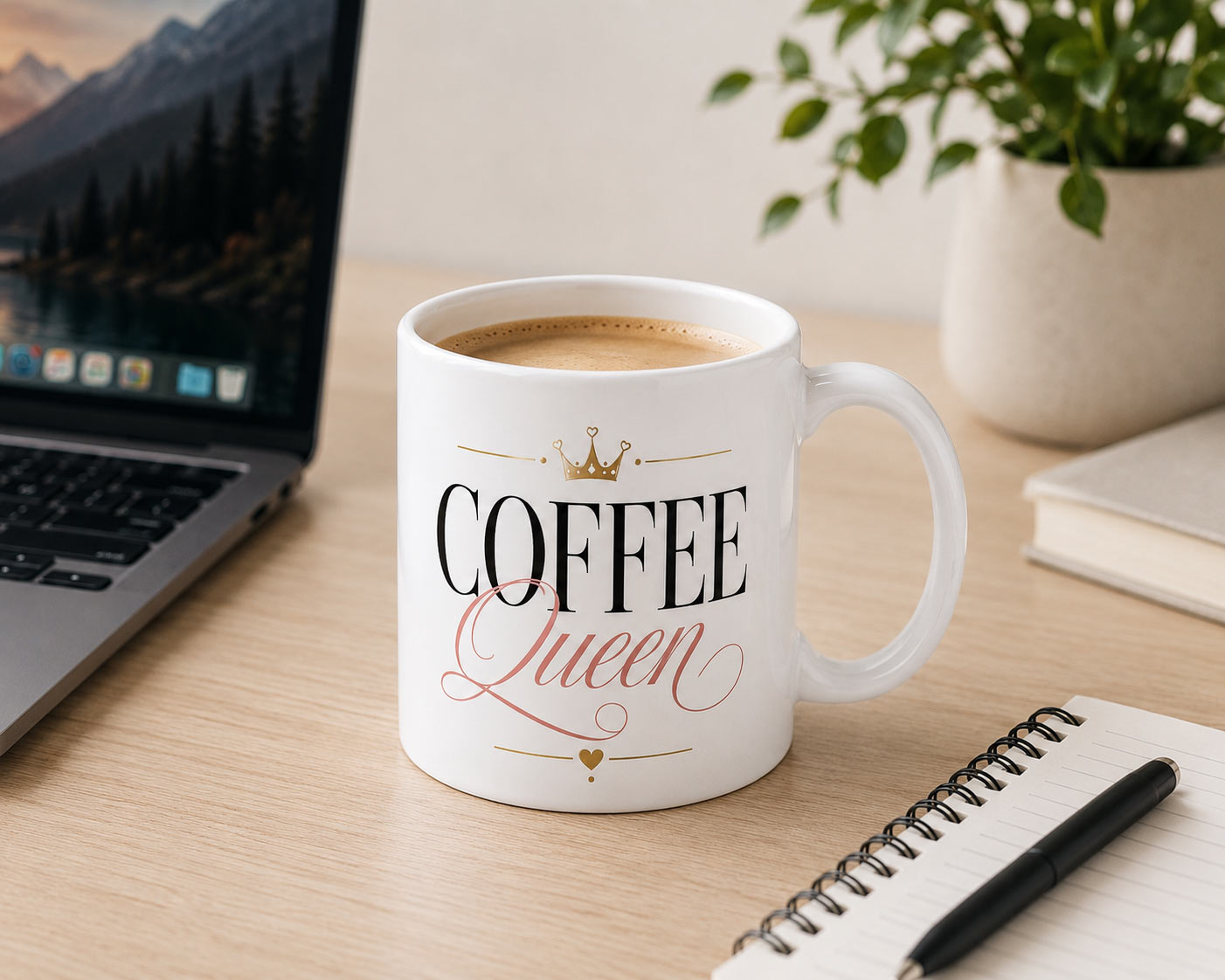 coffee-queen-mug-desk-laptop Coffee Queen Mug — 11oz Ceramic Mug with Crown - on a desk - PrintMyVibe Toronto
