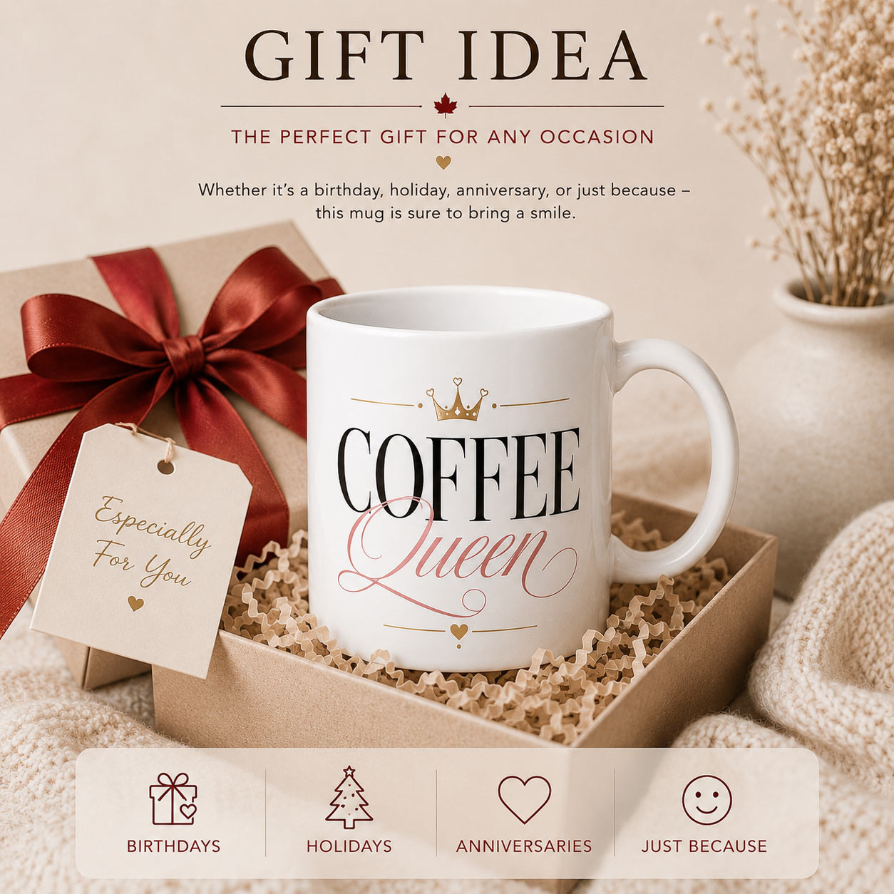 coffee-queen-mug-gift-idea Coffee Queen Mug — 11oz Ceramic Mug with Crown - product photo - PrintMyVibe Toronto