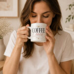 coffee-queen-mug-model-drinking-02 Coffee Queen Mug — 11oz Ceramic Mug with Crown - being used - PrintMyVibe Toronto