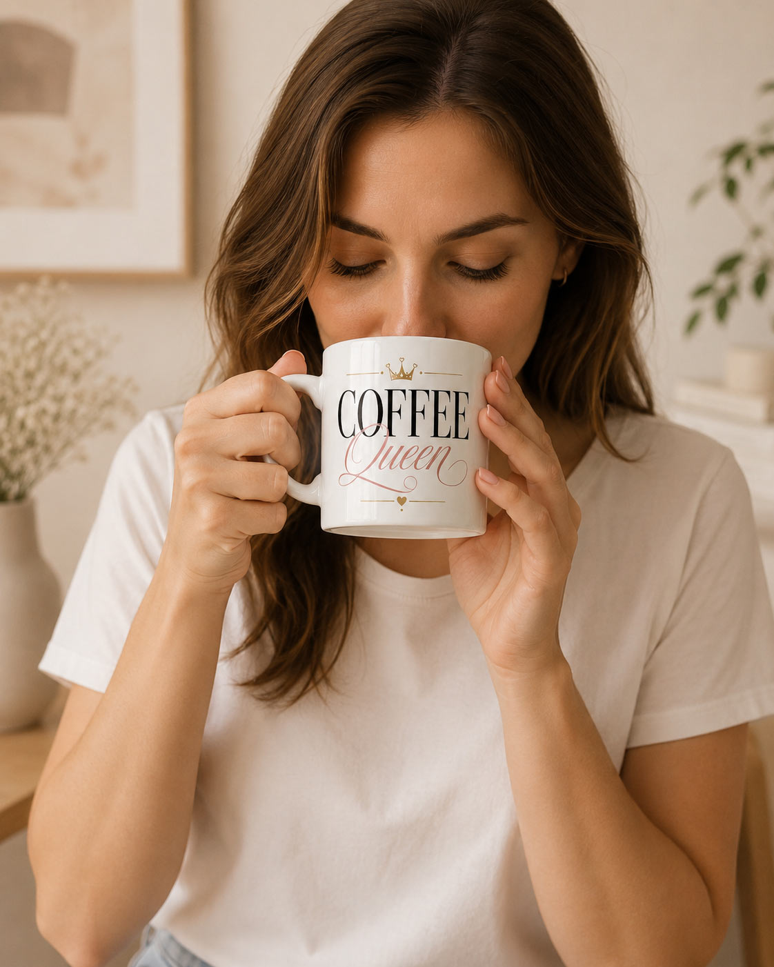 coffee-queen-mug-model-drinking-02 Coffee Queen Mug — 11oz Ceramic Mug with Crown - being used - PrintMyVibe Toronto
