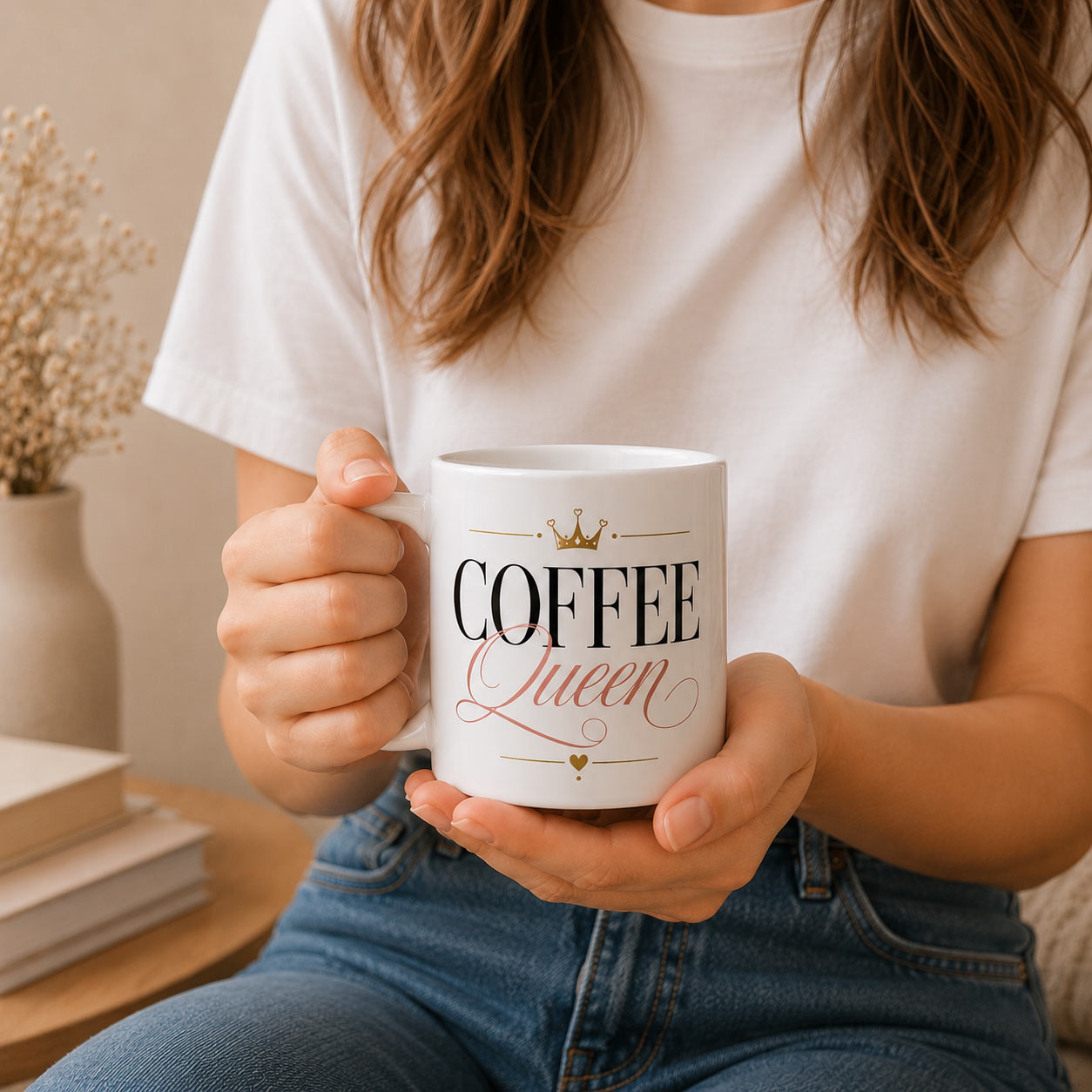 coffee-queen-mug-model-drinking Coffee Queen Mug — 11oz Ceramic Mug with Crown - being used - PrintMyVibe Toronto