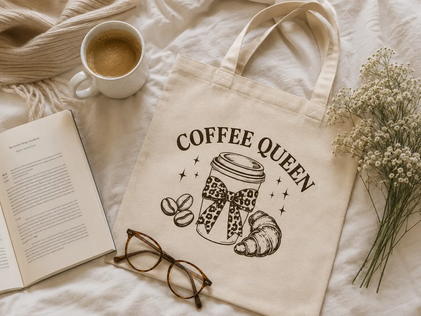coffee-queen-tote-bag-mockup-03 Coffee Queen canvas tote flat lay - reusable coffee bag by PrintMyVibe