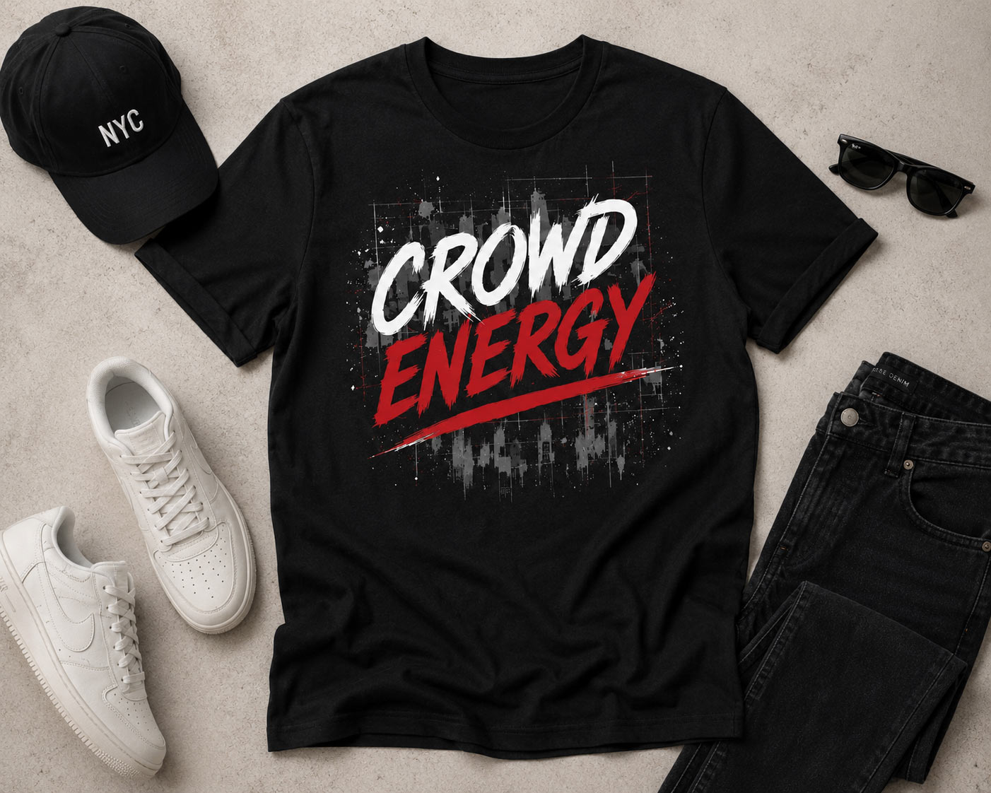 Black Crowd Energy tee flat lay with cap and sneakers - street style tee Canada