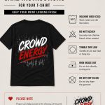 Crowd Energy tee care instructions - wash cold, do not bleach, tumble dry low