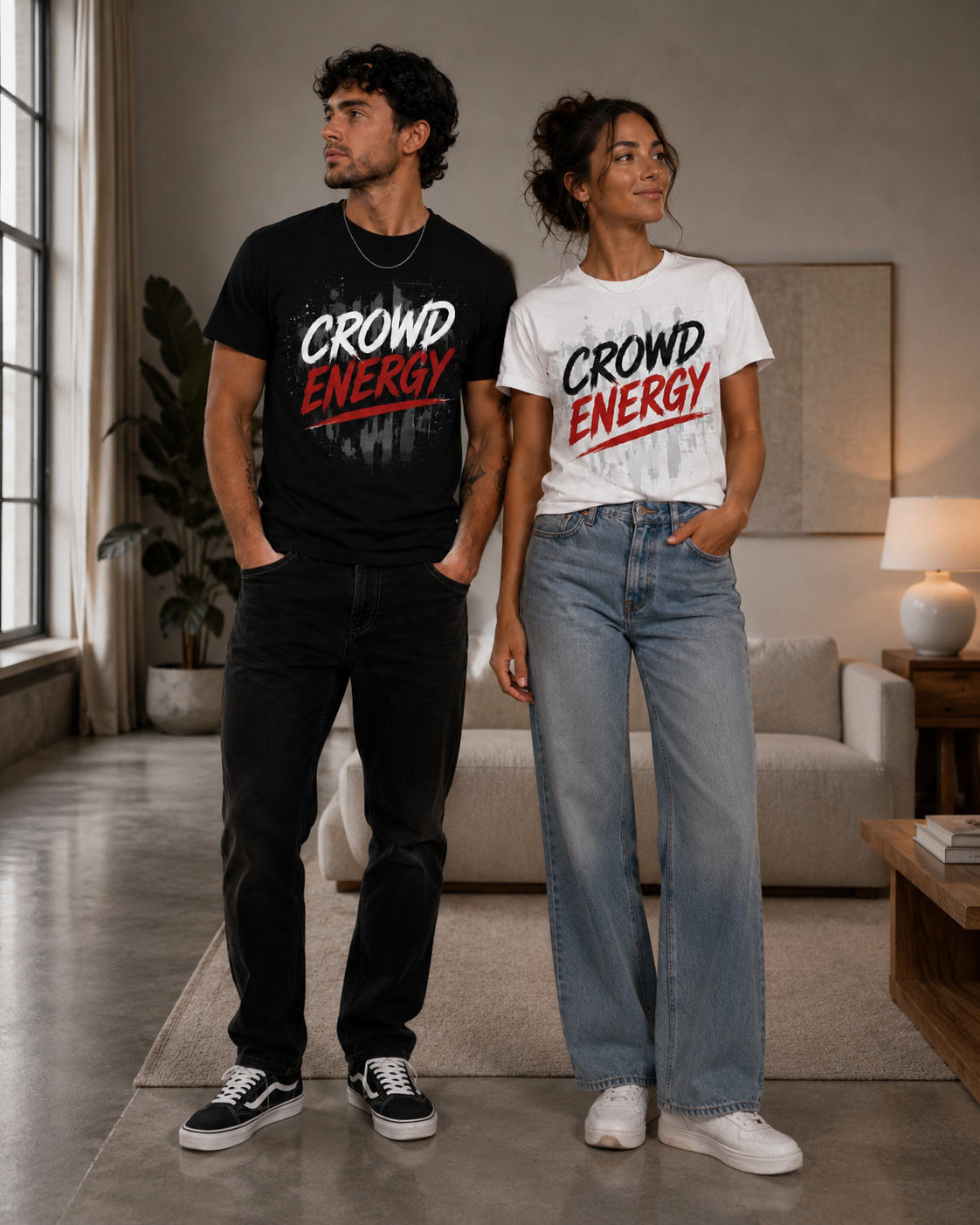 Crowd Energy tees in black and white worn as a pair - matching street tees Canada