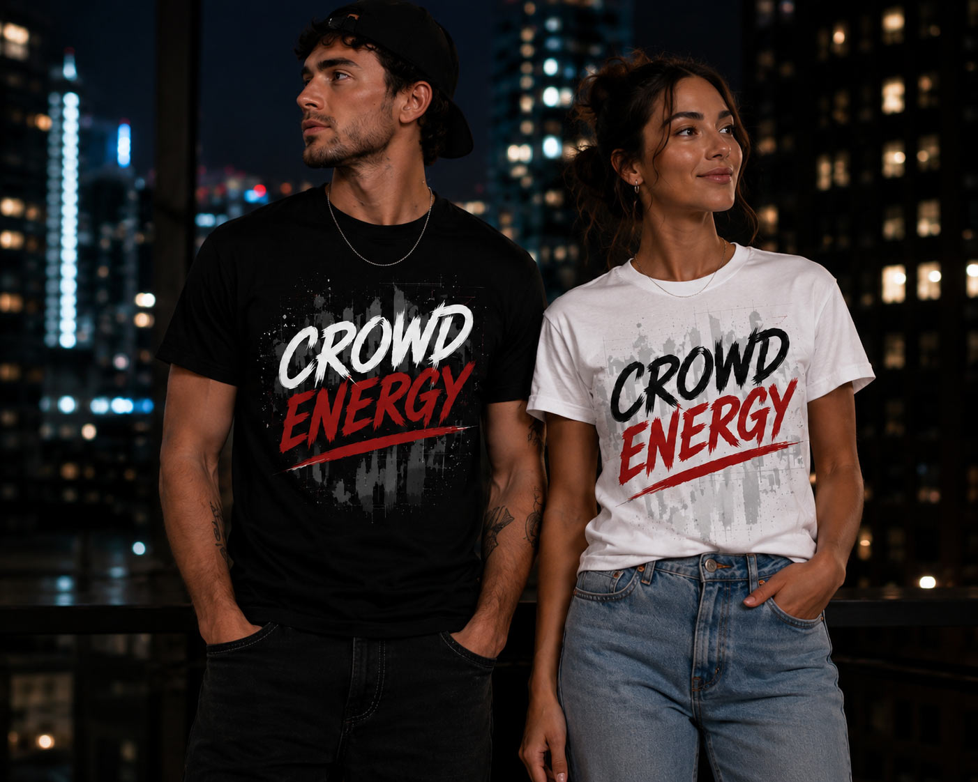 Couple wearing Crowd Energy tees downtown at night - matching concert tees Toronto
