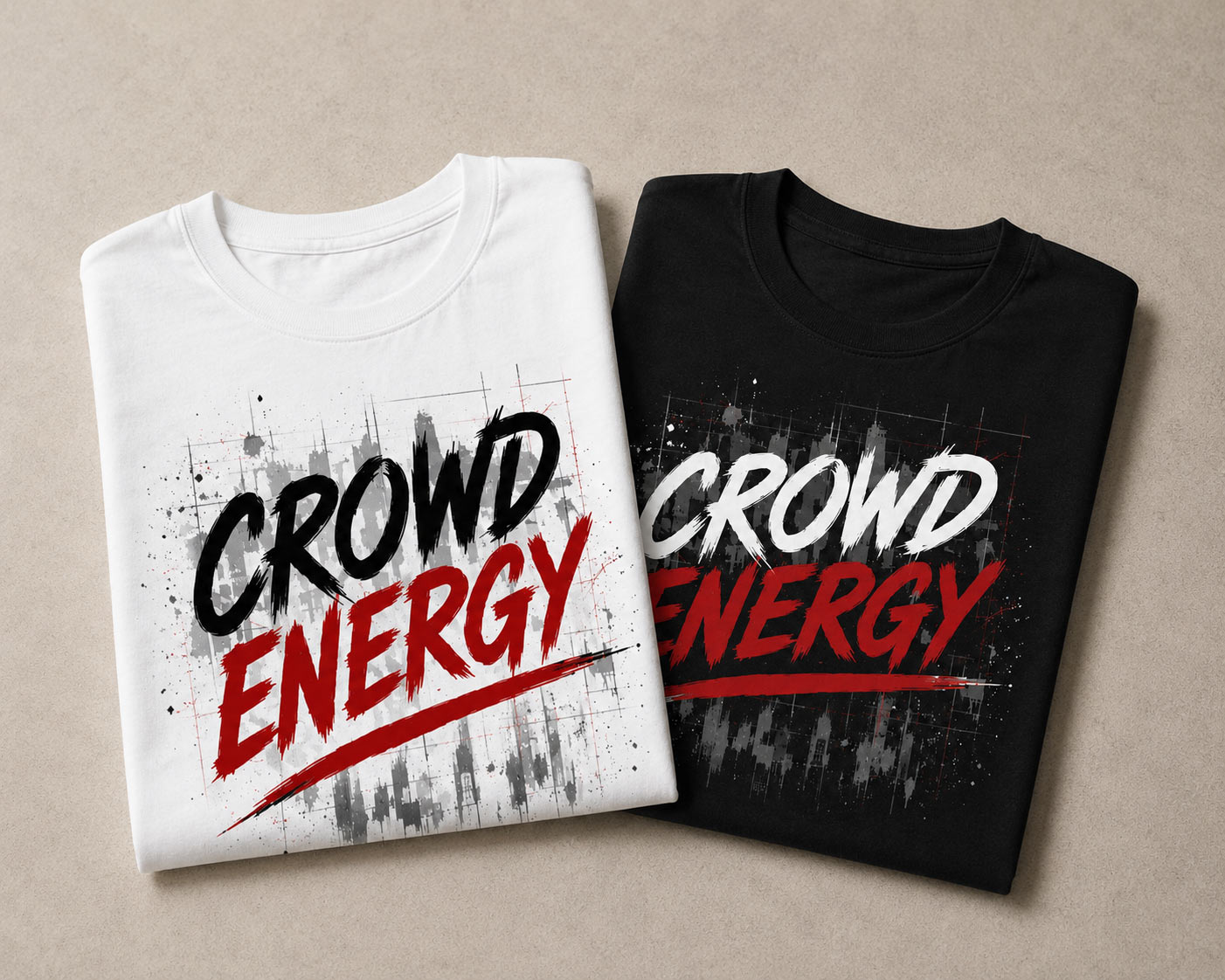 Crowd Energy tees folded in white and black - unisex grunge graphic tee GTA