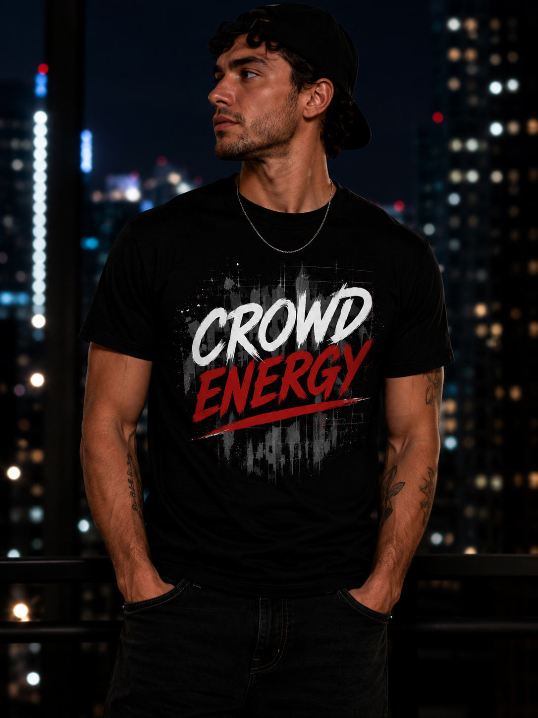 Man wearing black Crowd Energy tee at night in the city - street graphic tee Toronto
