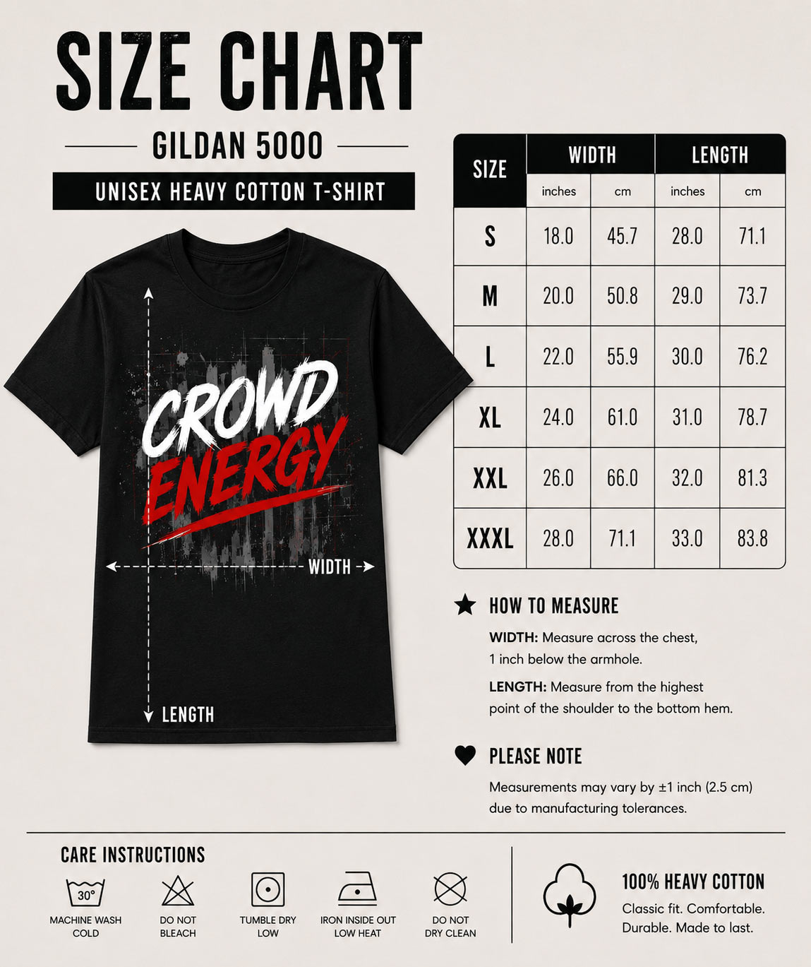 Crowd Energy unisex tee size chart - Gildan 5000 heavy cotton sizes S to 3XL