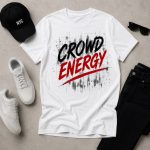 White Crowd Energy tee flat lay with cap and sneakers - street graphic tee Toronto