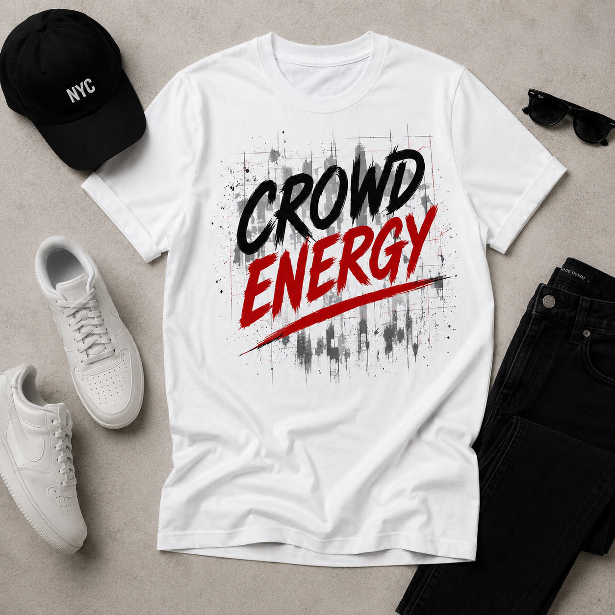 White Crowd Energy tee flat lay with cap and sneakers - street graphic tee Toronto