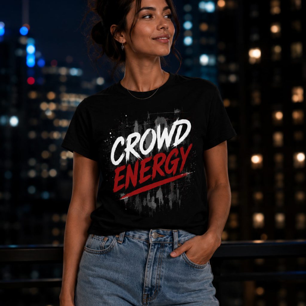 Woman wearing black Crowd Energy tee with city skyline behind - Toronto street tee