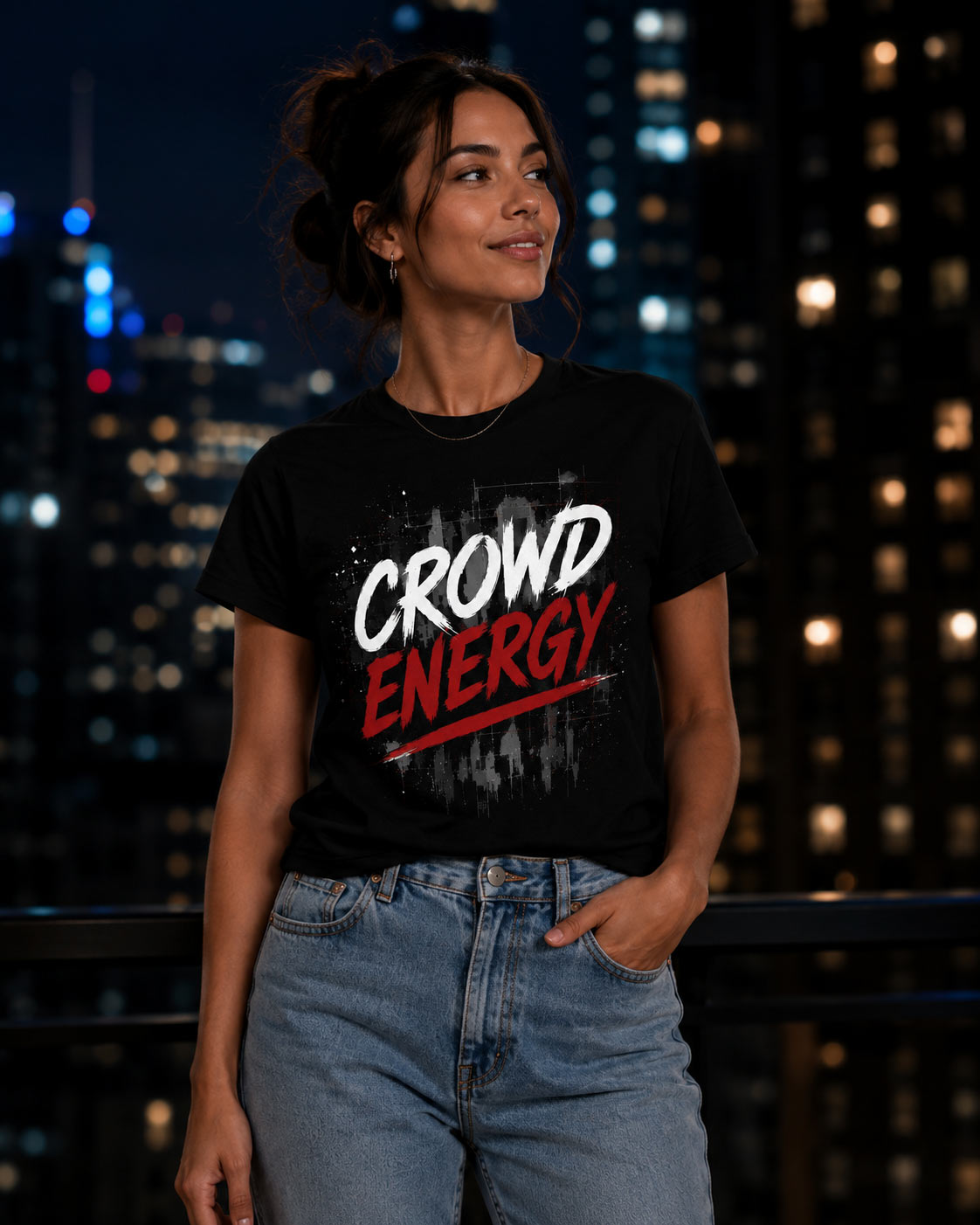Woman wearing black Crowd Energy tee with city skyline behind - Toronto street tee