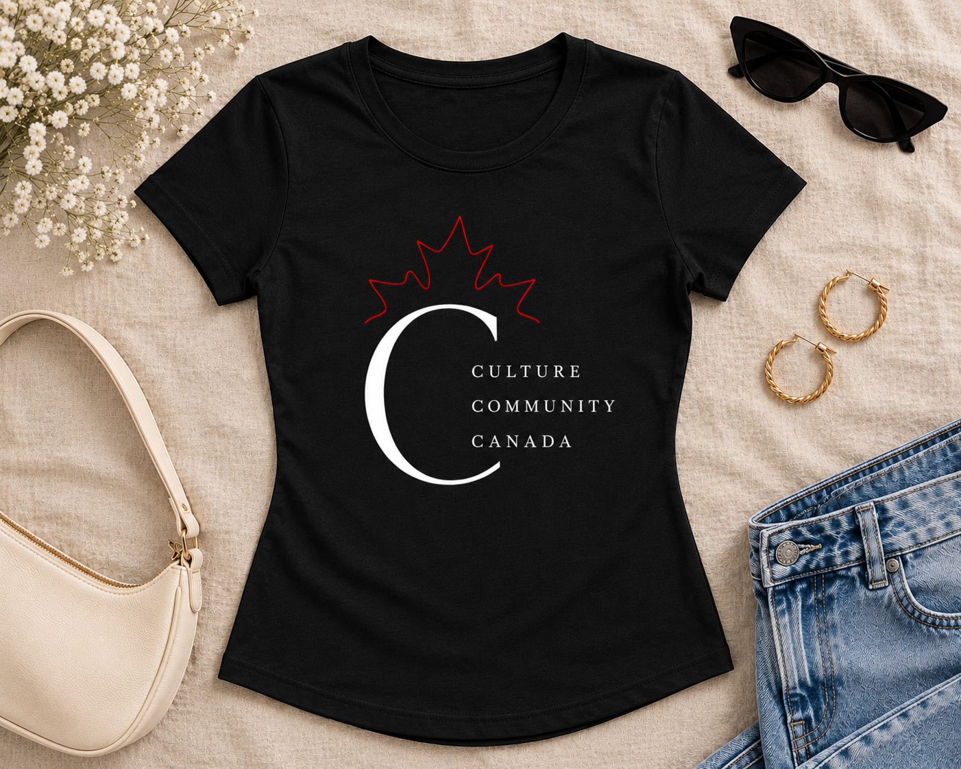 Black Culture Community Canada fitted tee flat lay - Canadian monogram top Toronto