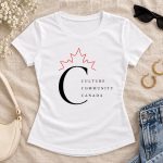 White Culture Community Canada fitted tee flat lay - maple leaf C design Canada