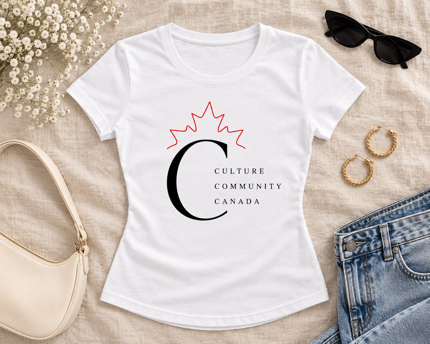 White Culture Community Canada fitted tee flat lay - maple leaf C design Canada