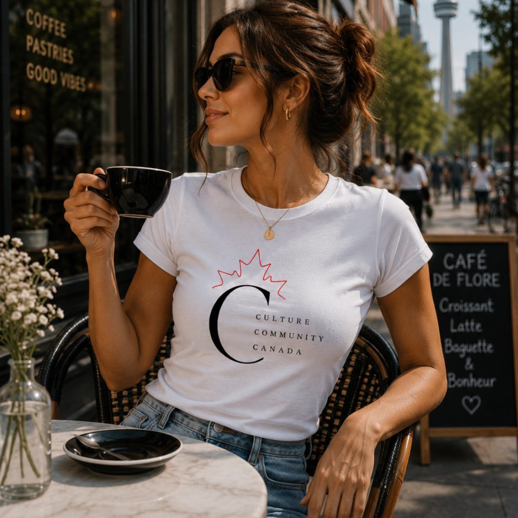 Culture Community Canada white fitted top at a Toronto cafe - Canadian tee
