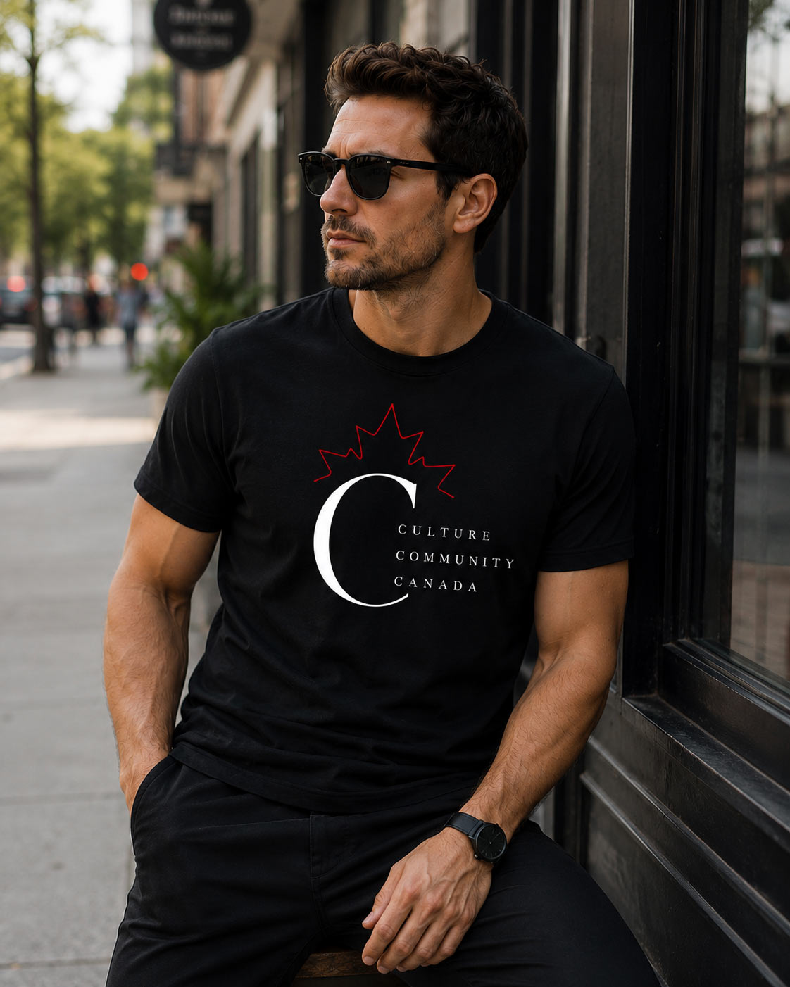 Man wearing black Culture Community Canada tee - Canadian pride tee Toronto