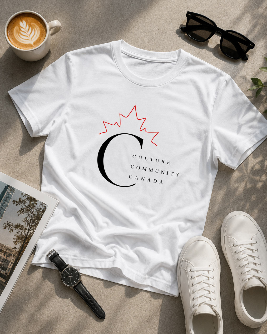 White Culture Community Canada tee flat lay with coffee - minimalist Canada tee