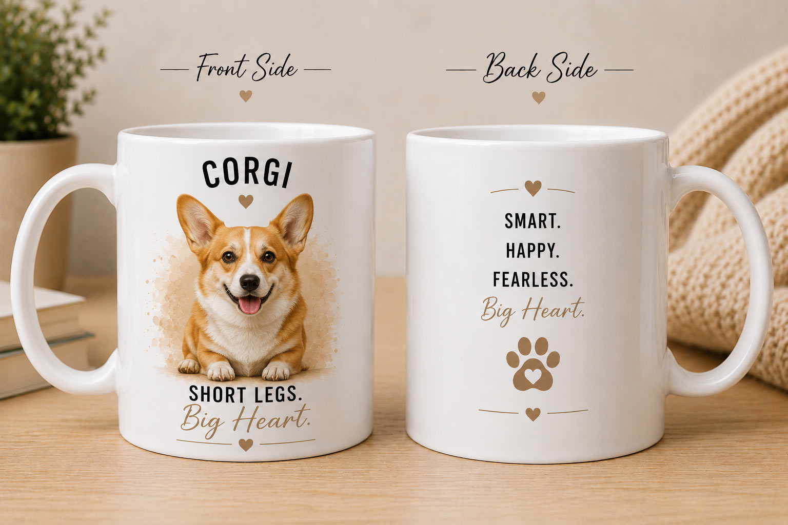 Custom Dog Mug Corgi Front Back Custom Corgi portrait mug, front and back view - Smart. Happy. Fearless. Short Legs, Big Heart. - personalized pet mug by PrintMyVibe Toronto