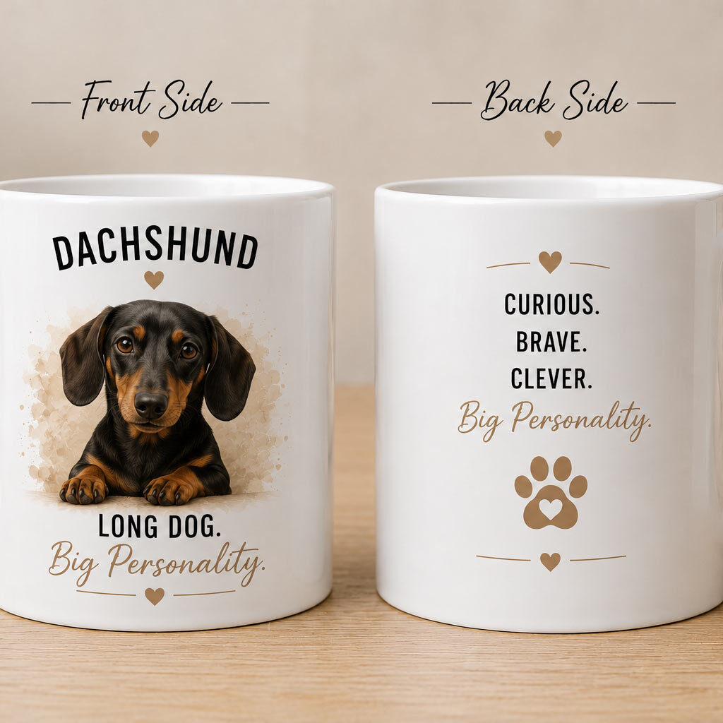 Custom Dachshund portrait mug example - Curious. Brave. Clever. Long Dog, Big Personality. - personalized pet mug PrintMyVibe Toronto - front and back view