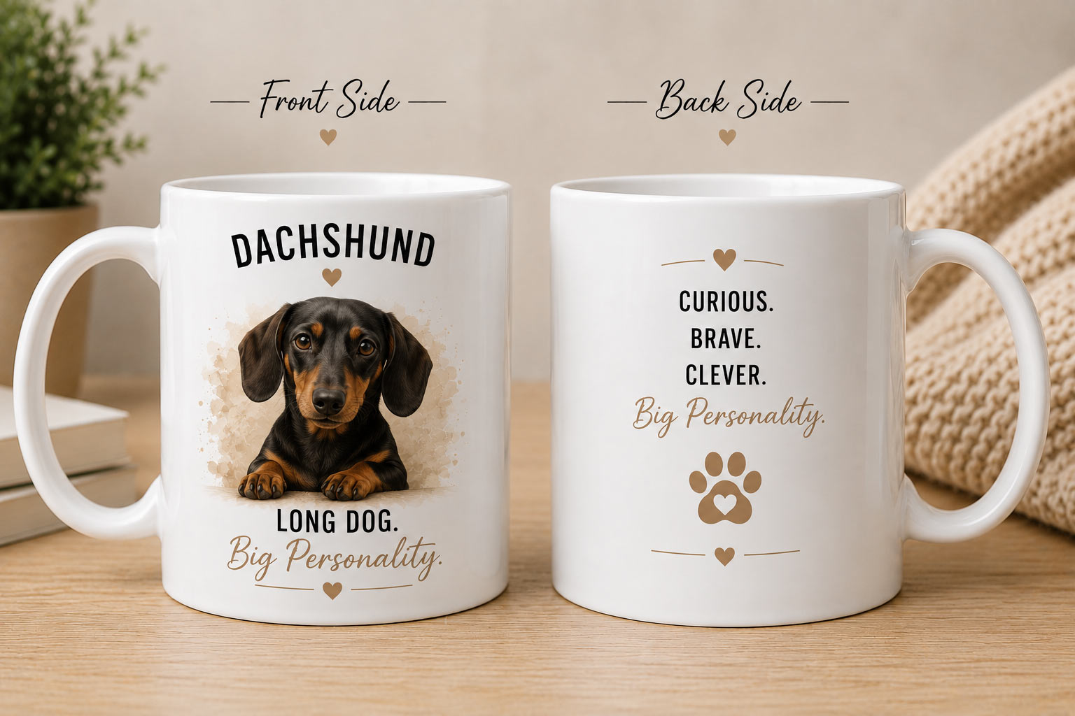 Custom Dachshund portrait mug example - Curious. Brave. Clever. Long Dog, Big Personality. - personalized pet mug PrintMyVibe Toronto - front and back view