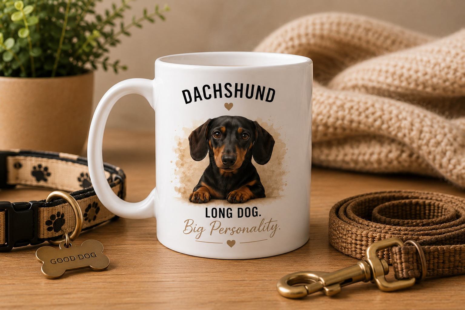 Custom Dachshund portrait mug example - Curious. Brave. Clever. Long Dog, Big Personality. - personalized pet mug PrintMyVibe Toronto - product photo