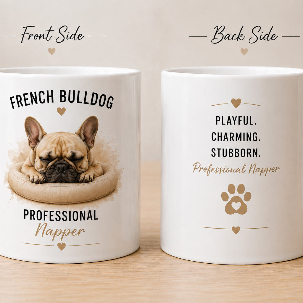 Custom French Bulldog portrait mug example - Playful. Charming. Stubborn. Professional Napper. - personalized pet mug PrintMyVibe Toronto - front and back view