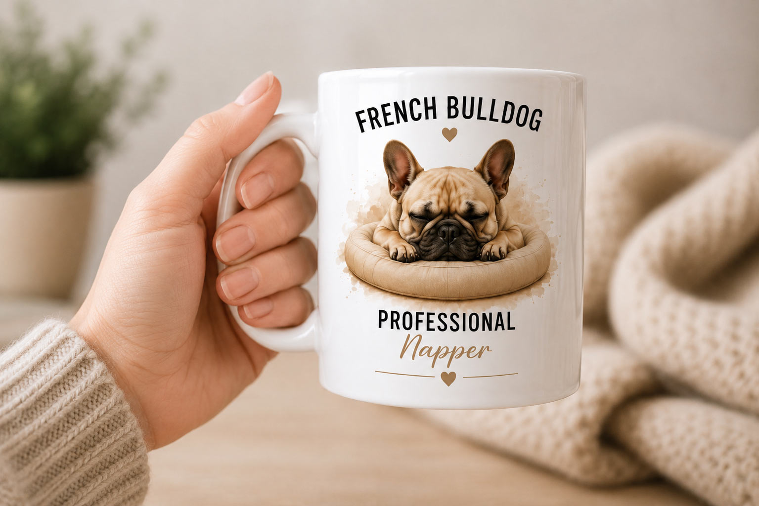 Custom French Bulldog portrait mug example - Playful. Charming. Stubborn. Professional Napper. - personalized pet mug PrintMyVibe Toronto - held in hand